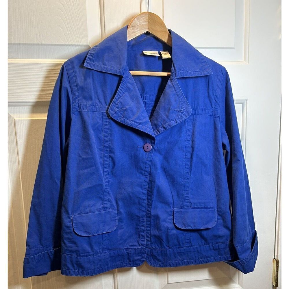 Chico’s Size 1 Bright Royal Blue Button Up Jacket Coat Cuffed Sleeve